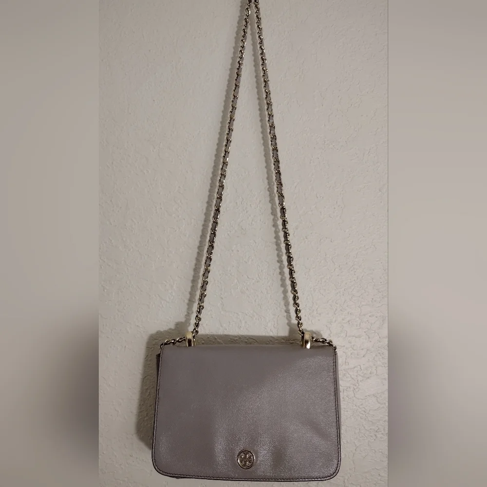 Tory Burch Robinson Saffiano Leather Grey Convertible Chain Crossbody Bag